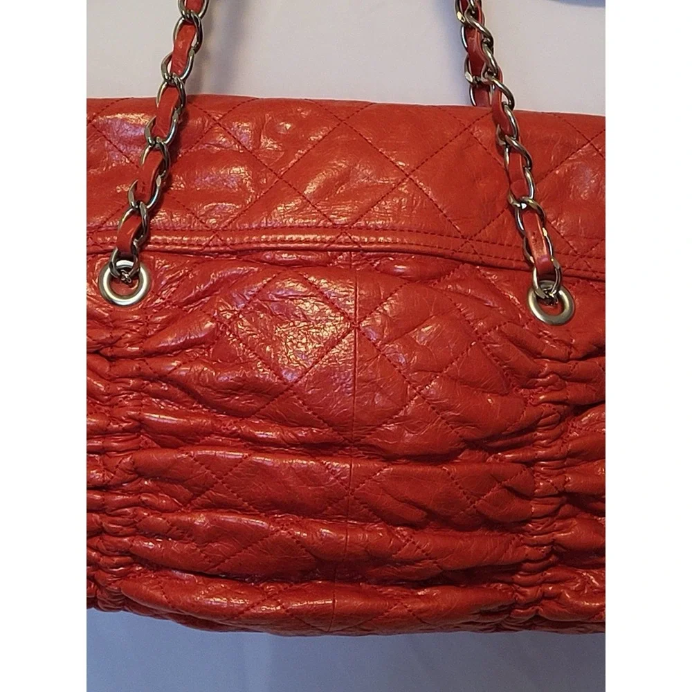 Red Quilted Stitched Fold Over Shoulder Bag Silver Hardware Double Handled Purse